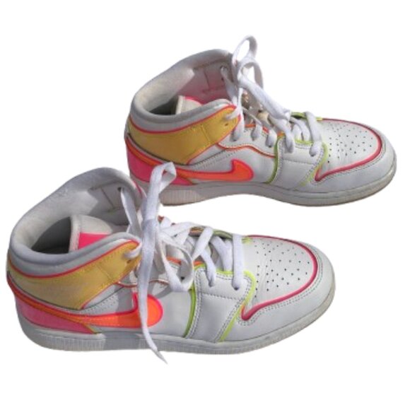 Nike Girls Air Jordan 1 Hightops Mid GS "Edge Glow" White with Neon Colors, 6Y - Picture 1 of 11